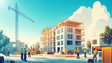 Fototapeta premium Construction workers building a modern apartment complex on a sunny day.