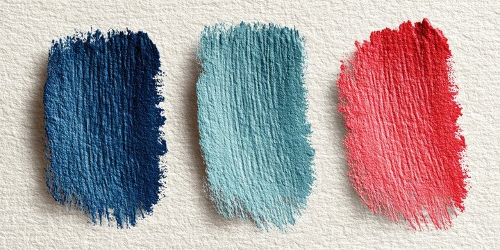 Three paint swatches in varying shades of blue, teal, and red