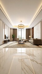 Bright, spacious living room with marble floors, large windows, and modern furniture