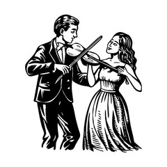 An illustration showing a couple playing violin in vintage style