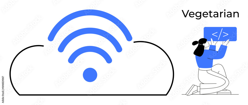 Poster cloud outline with wireless signal, woman handling code screen. ideal for tech innovation, cloud com