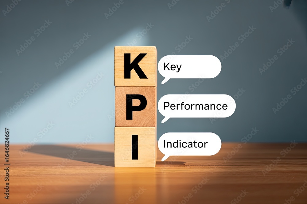 Poster wooden blocks spelling kpi with speech bubbles defining key performance indicator for business succe