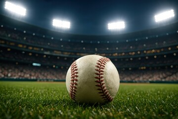 Baseball sits quietly on green stadium grass, anticipation building under bright lights for the evening's electrifying game.