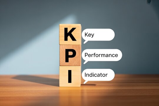 Wooden blocks spelling kpi with speech bubbles defining key performance indicator for business success and growth strategy