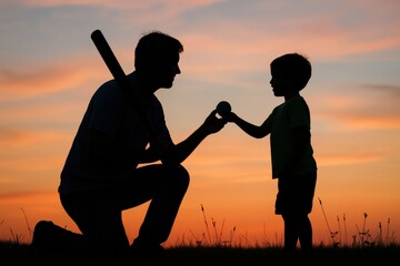 Sunset silhouette captures a father passing a baseball to his son during golden hour playtime, embodying family bonds and cherished summer memories.