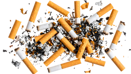 A scattered pile of cigarette butts with ash and tobacco isolated on transparent background
