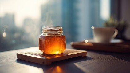 Honey jar on a wooden tray, warm light