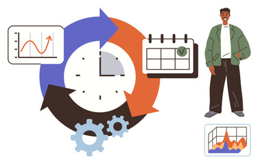 Clock surrounded by arrows, gears, calendar, and data visuals next to a smiling person. Ideal for business, productivity, time management, project planning, efficiency workflow simple flat metaphor