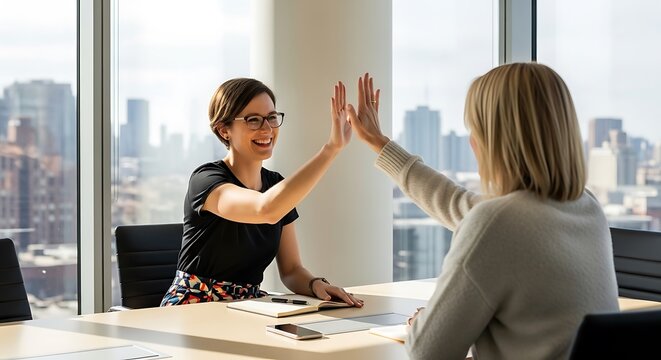 Contemporary Businesswomen High Five Celebrating Success in Modern Office Space