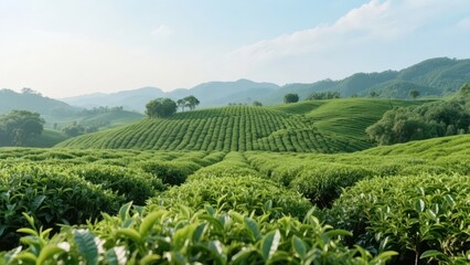 The vast tea garden spreads layer by layer among the mountains, full of greenery, and contrasts with the distant mountains and blue sky, fully demonstrating the natural freshness and pastoral beauty.