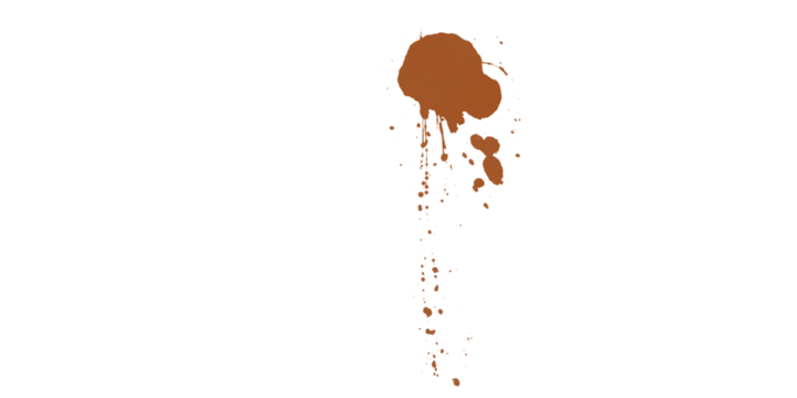A brown paint splatter with drips and a pixelated effect against a black background in the center