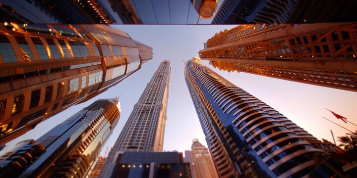Dubai skyscrapers reaching for the sky at sunset - Powered by Adobe