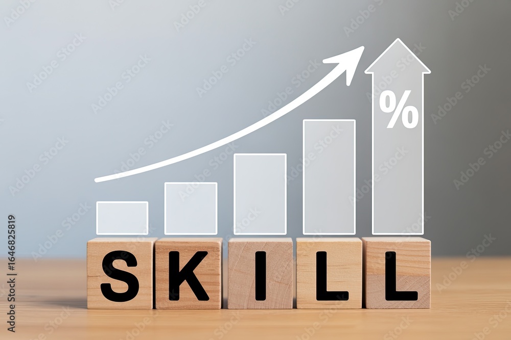 Poster wooden blocks spelling skill with a rising bar graph and upward arrow indicating growth and success