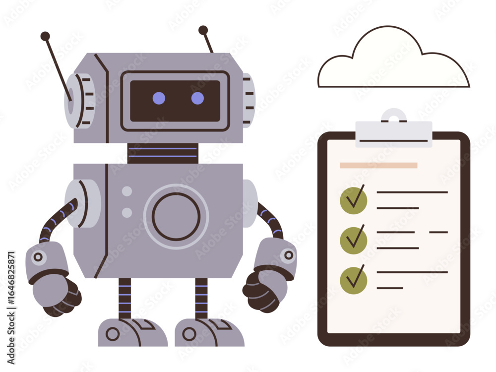 Poster retro robot with antennas beside a checklist clipboard with green checkmarks and a cloud sketch. ide