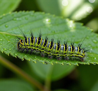 Striking caterpillar rests on a lush green leaf during a sunny day in a vibrant garden