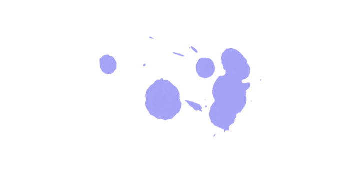 A graphic representation of several light purple blobs against a stark black background with pixelation