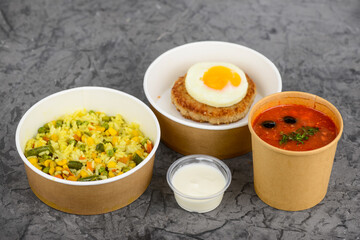 business lunch soup salad and side dish with meat