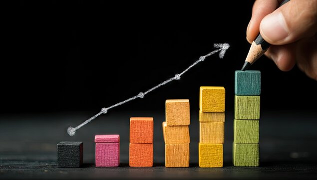 A hand holding a pencil draws a rising line graph over colorful wooden blocks