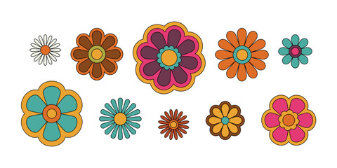 Set of retro-style cartoon flowers with bold outlines. Playful, vintage aesthetic in various colors. Vector illustration. Retro flowers icon set. Groovy floral decorative elements.