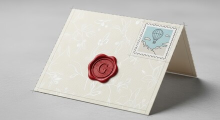 Elegant vintage envelope with red wax seal and postage stamp
