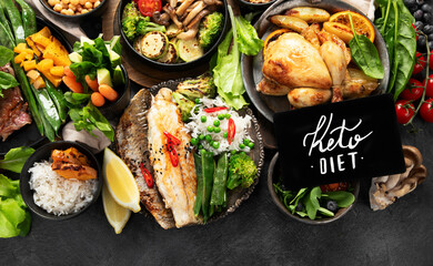 Table scene of various delicious foods. Healthy, family dinner.