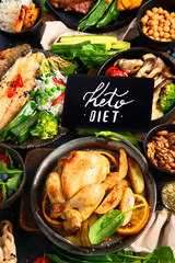 Table scene of various delicious foods. Healthy, family dinner.