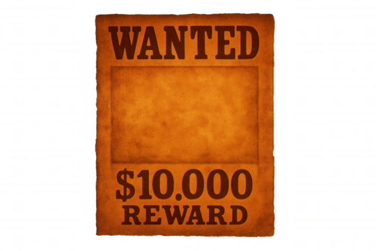 Weathered wanted poster with $10,000 reward, torn edges, floating on transparent background, vintage western document