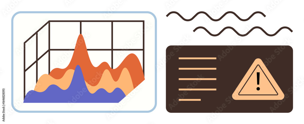 Poster graph with fluctuating data analytics and warning sign with text lines. ideal for risk management, d
