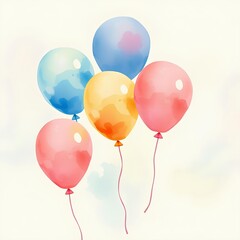 Colorful watercolor-style balloons in pastel shades floating against a light background, perfect for festive occasions