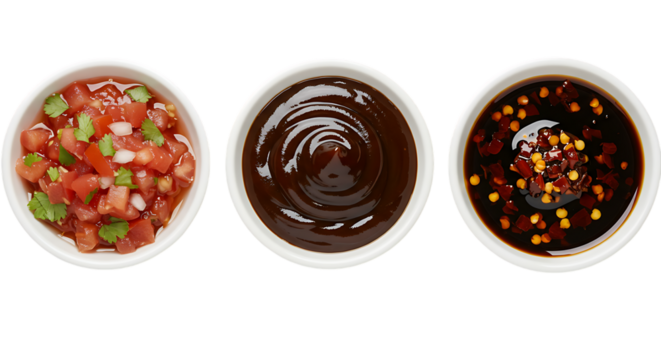 A row of three dipping sauces: pico de gallo, barbecue sauce, and chili oil, Isolated on transparent background
