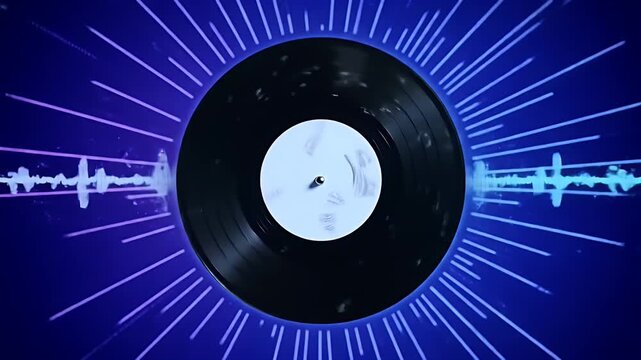 Futuristic Neon Vinyl Record, Thin Soundwave Overlay, Smooth Seamless Motion