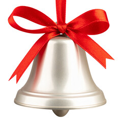 Golden Christmas bells with a red ribbon and bow, an isolated holiday decoration