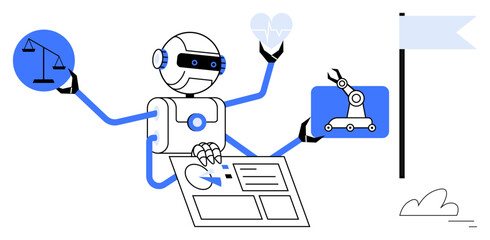 Robot performing tasks coding, balancing ethics, showcasing automation. Ideal for AI, automation, technology, ethics, innovation, education simple landing page