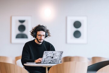Young man working on laptop in modern cafe with headphones in a bright interior setting