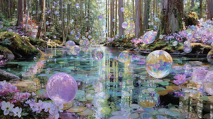 CLARO DE BOSQUE ENCANTADO CON BURBUJAS IRIDISCENTES