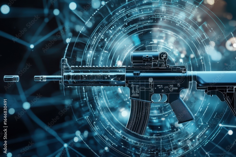 Poster modern firearm with digital enhancements displayed in a futuristic environment