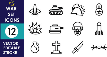 12 war-themed vector icons including airplane, tank, helmet, medal and so on 