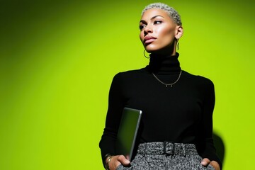 Confident young woman poses with tablet against bright green backdrop in a modern setting