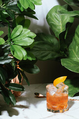 Non-alcoholic negroni or nagroni cocktail or mocktail drink with alternative gin, non-alcoholic...