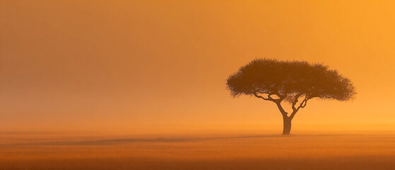 SILUETA DE ÁRBOL SOLITARIO EN UN AMANECER BRUMOSO ANARANJADO