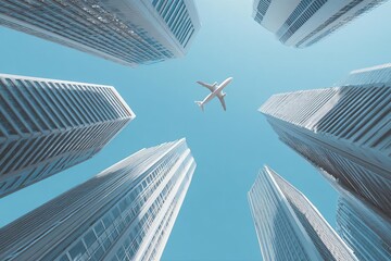 Fototapeta premium Looking up at towering skyscrapers with an airplane soaring above a clear blue sky creating a stunning urban scene