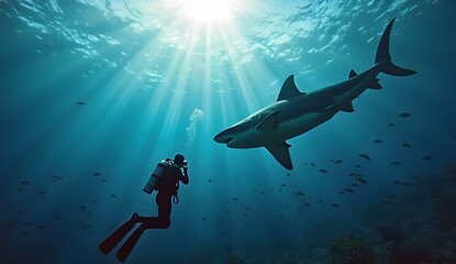 Obraz premium A scuba diver rises in clear blue water, spotting a large shark nearby.