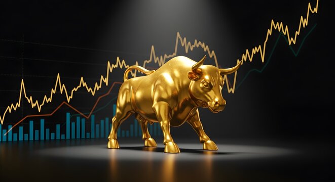 A golden bull statue stands prominently before a rising stock market graph, symbolizing financial growth.