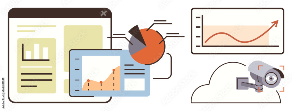 Aufkleber analytics dashboard, pie chart, line graphs highlight growth and trends cloud with camera emphasizes