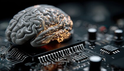 3D brain on circuit board, glowing neural connections