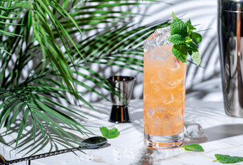 Salty ginger-ade non-alcoholic cocktail drink with lemon juice, dates, salt, cumin, ginger beer and...