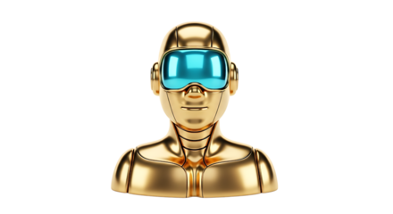 Golden robot bust with blue visor isolated on transparent background