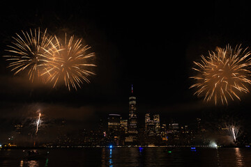 New York Manhattan fireworks. New York Fireworks over Manhattan. New York City 4th of July Fireworks. New York City Skyline Manhattan with Flashing Fireworks. Independence day.