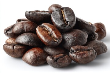 Obraz premium Close-up of a small pile of roasted coffee beans against a white background