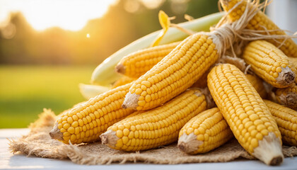 Fresh yellow corn cobs stacked on burlap under sunlight  